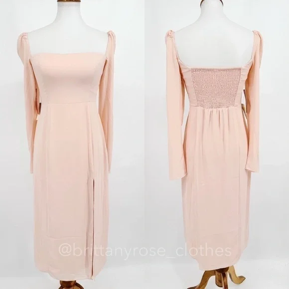 BHLDN Kayleigh Georgette Long Sleeve Midi Dress Blush Pink Rose NWT - Picture 2 of 8